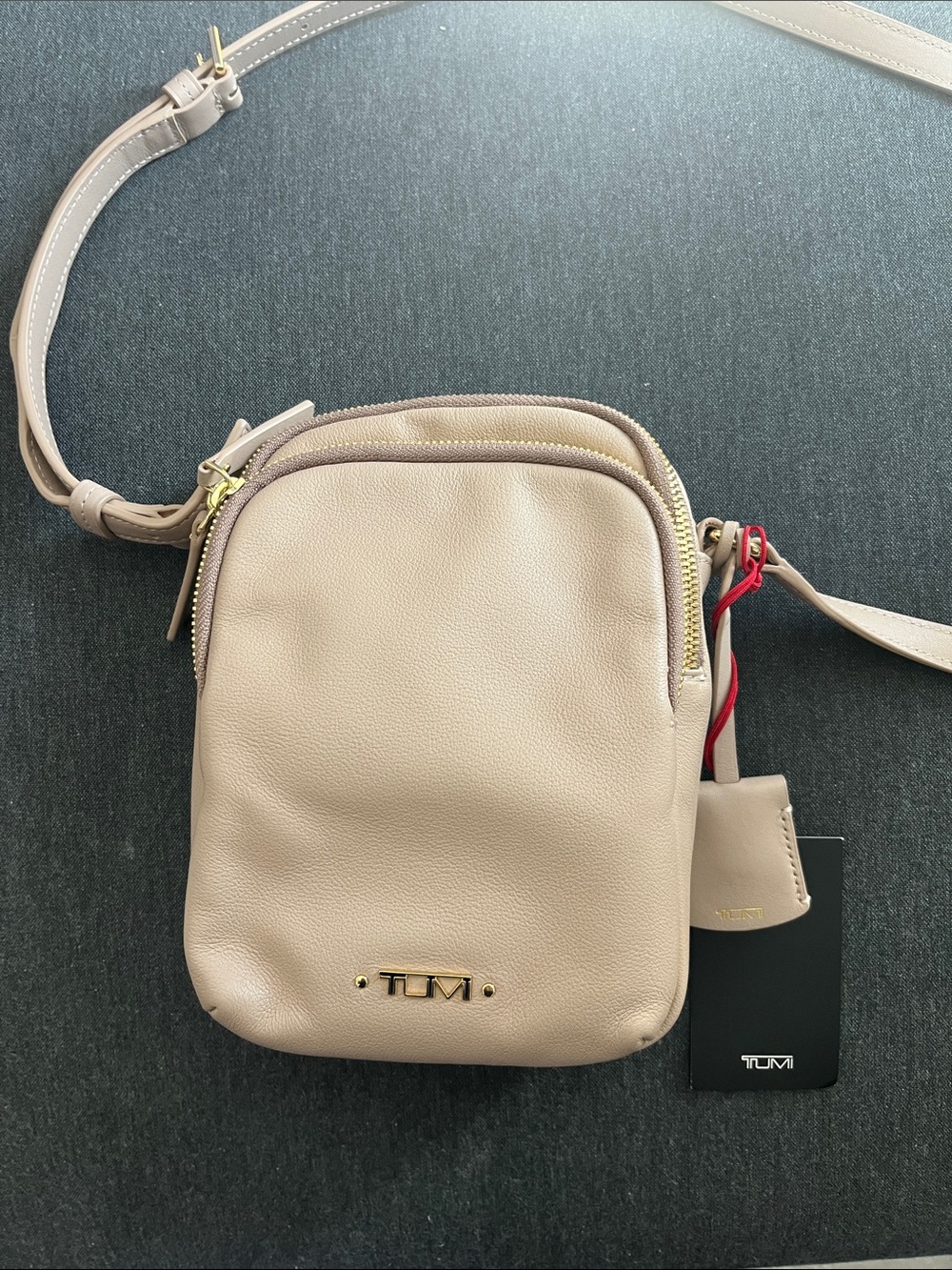 Tumi Neutral Beige Leather Kathryn Crossbody Phone Pouch with Gold Hardware